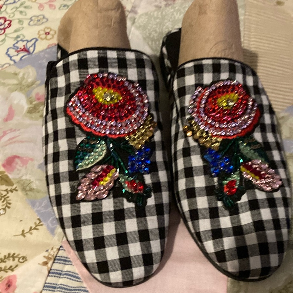 Steve Madden black white check embellished HYDE flat mules